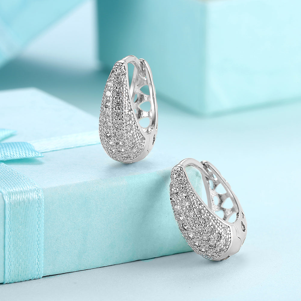 Elegant Valentines Crystal Pav'e Earrings set in 18K white gold, featuring shimmering white crystals in a stylish design.