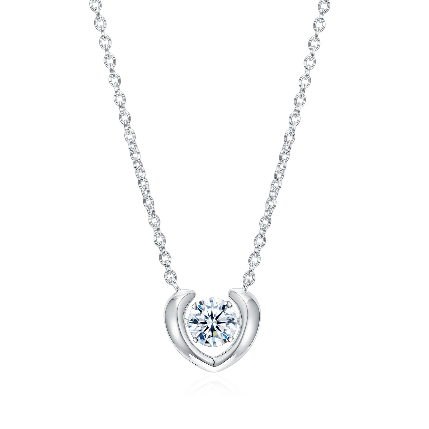 A beautiful heart shape dancing necklace made of 925 sterling silver with white sapphire, perfect for Valentine's Day.