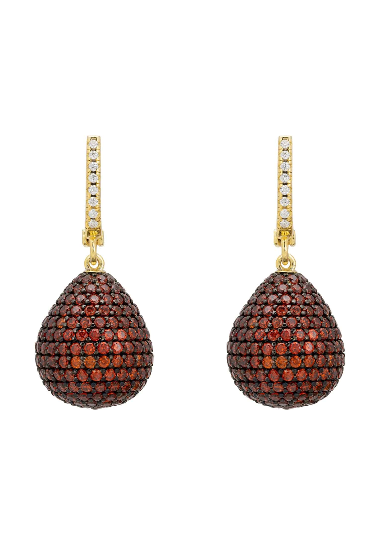 Valerie Pear Drop Gemstone Earrings in Gold Burnt Orange, featuring a brilliant-cut design with sparkling zirconia and a creole fastening.