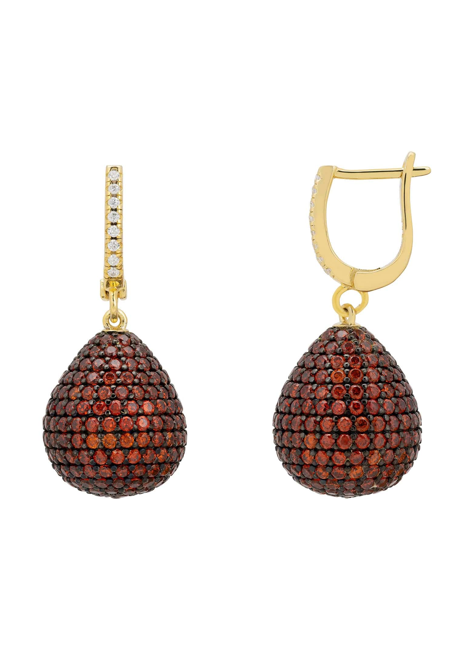 Valerie Pear Drop Gemstone Earrings in Gold Burnt Orange, featuring a brilliant-cut design with sparkling zirconia and a creole fastening.