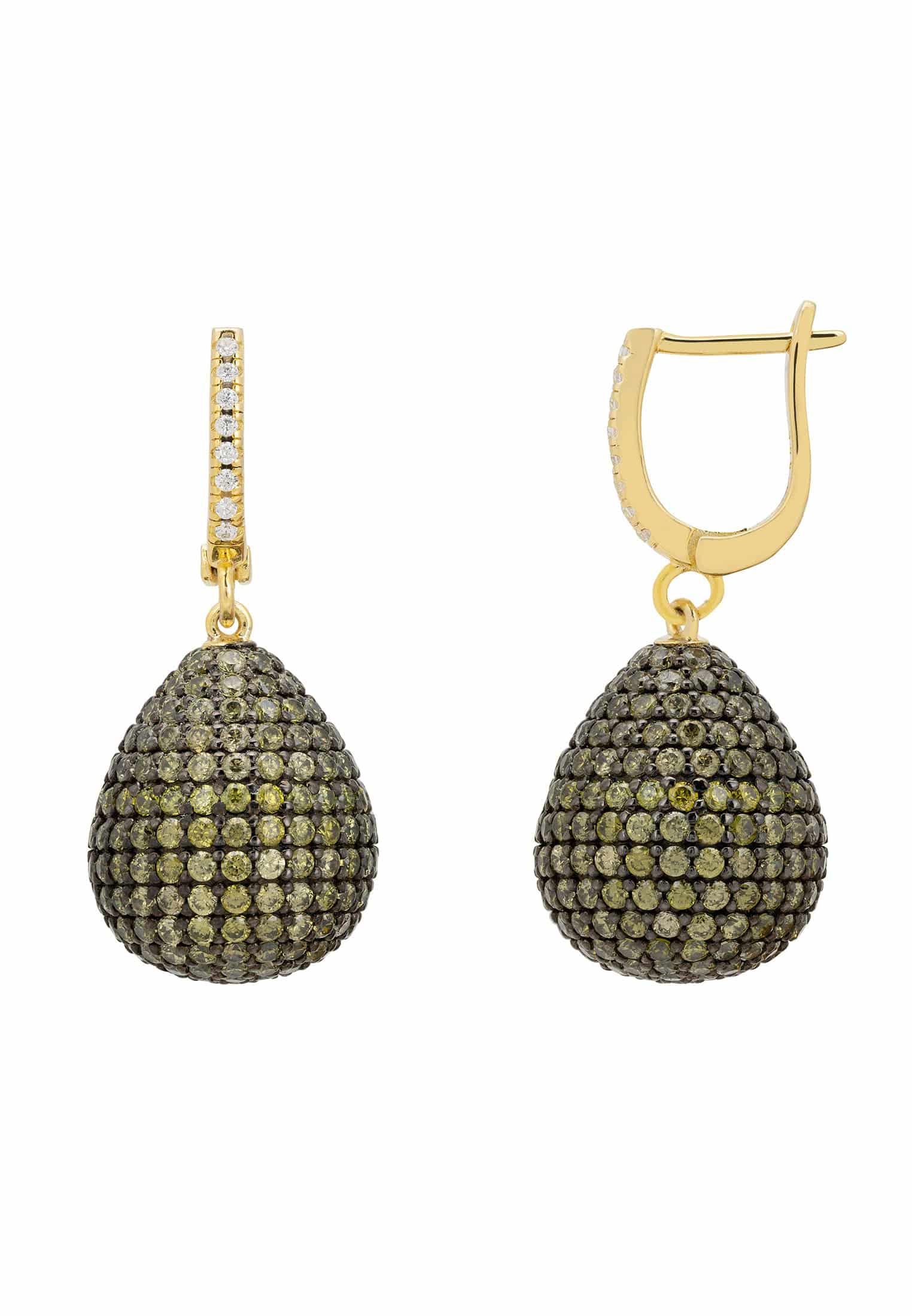 Valerie Pear Drop Gemstone Earrings in Gold Peridot, featuring a pear-shaped design with sparkling zirconia and a creole fastening.