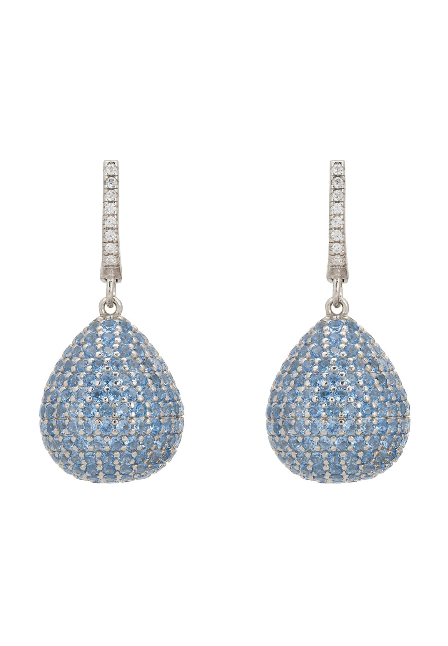 Valerie Pear Drop Gemstone Earrings in Silver with Ice Blue Cubic Zirconia, showcasing a brilliant-cut design and elegant creole fastening.