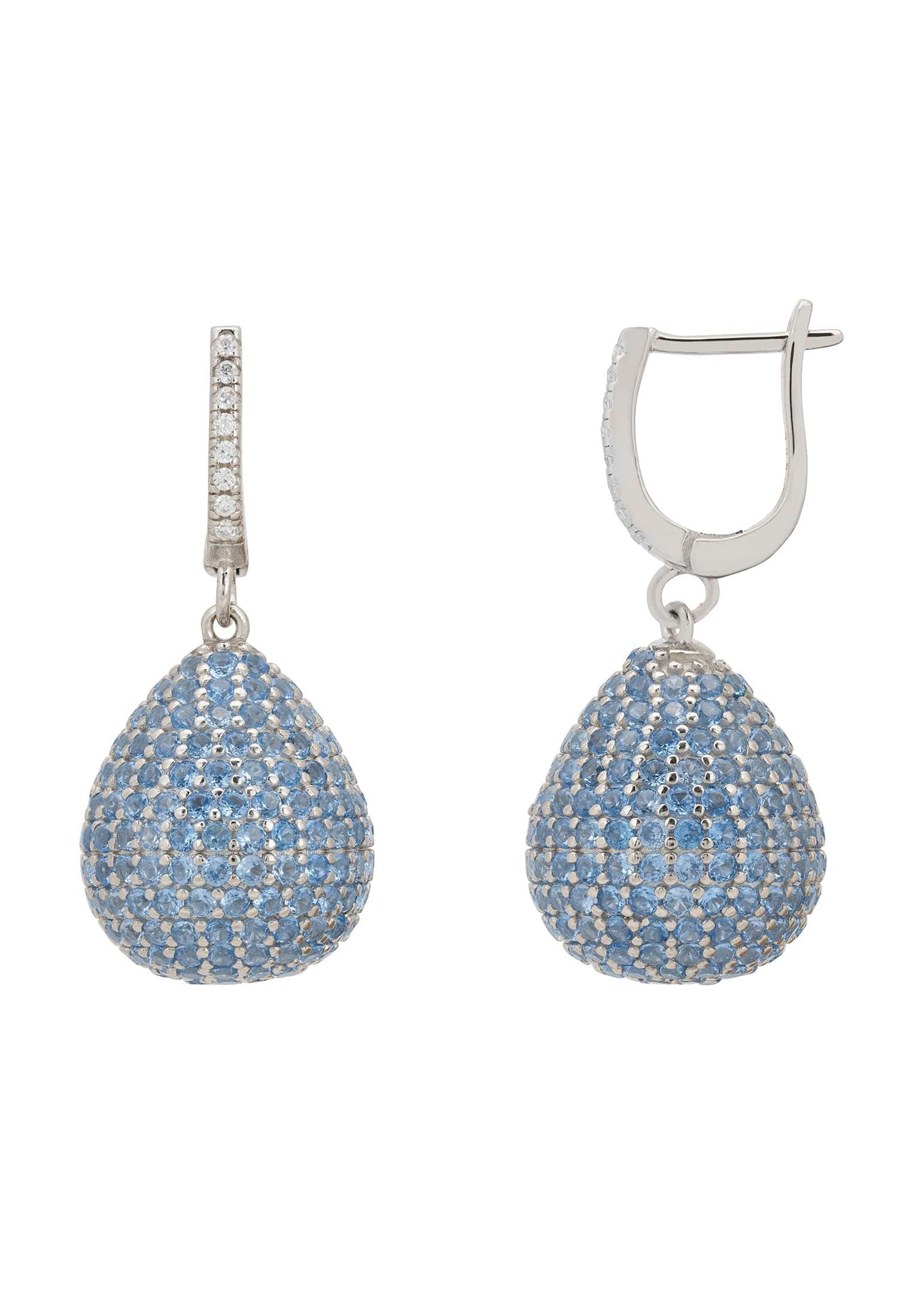 Valerie Pear Drop Gemstone Earrings in Silver with Ice Blue Cubic Zirconia, showcasing a brilliant-cut design and elegant creole fastening.