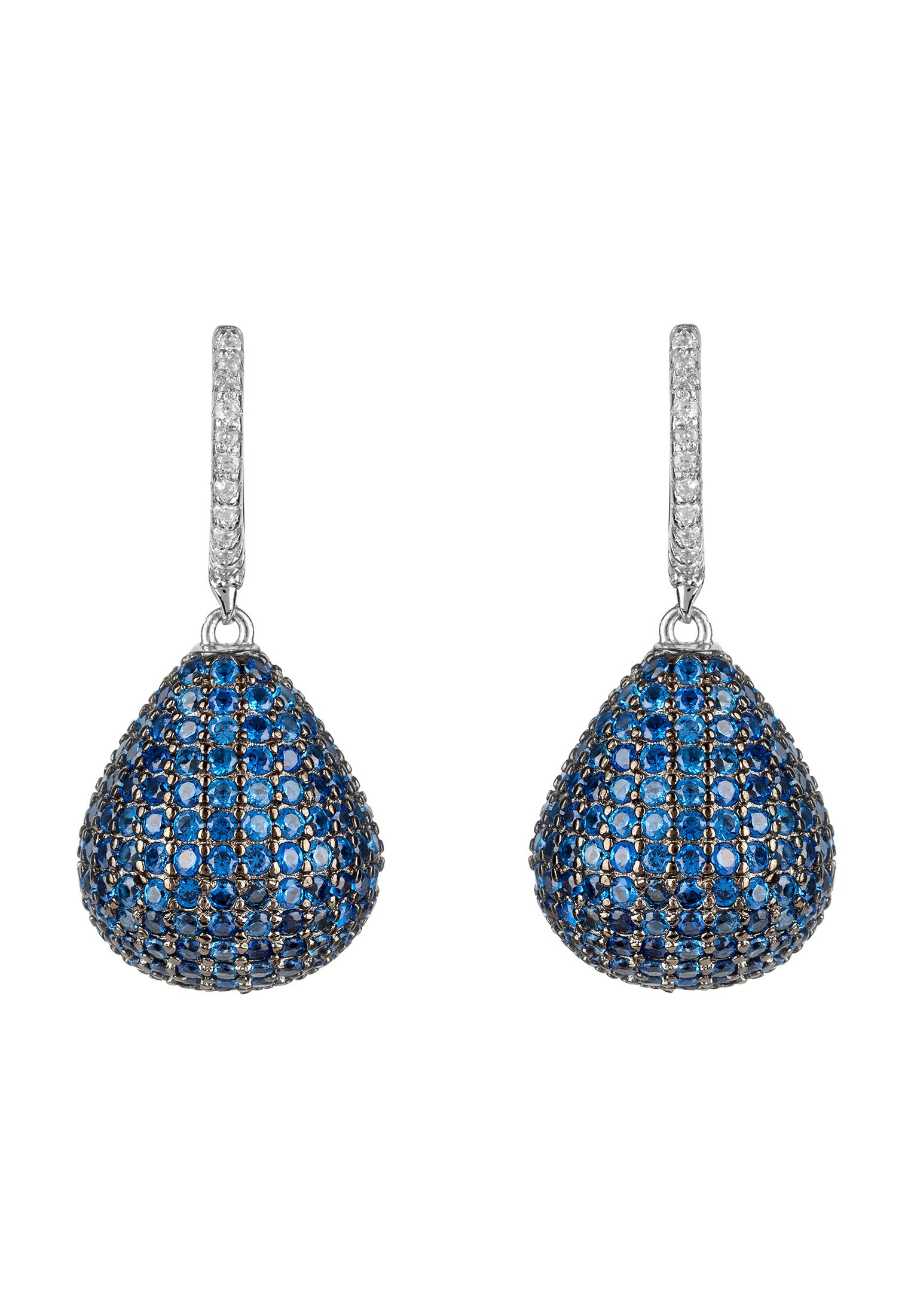 Valerie Pear Drop Gemstone Earrings featuring sapphire blue zirconia set in sterling silver, elegantly designed for statement wear.