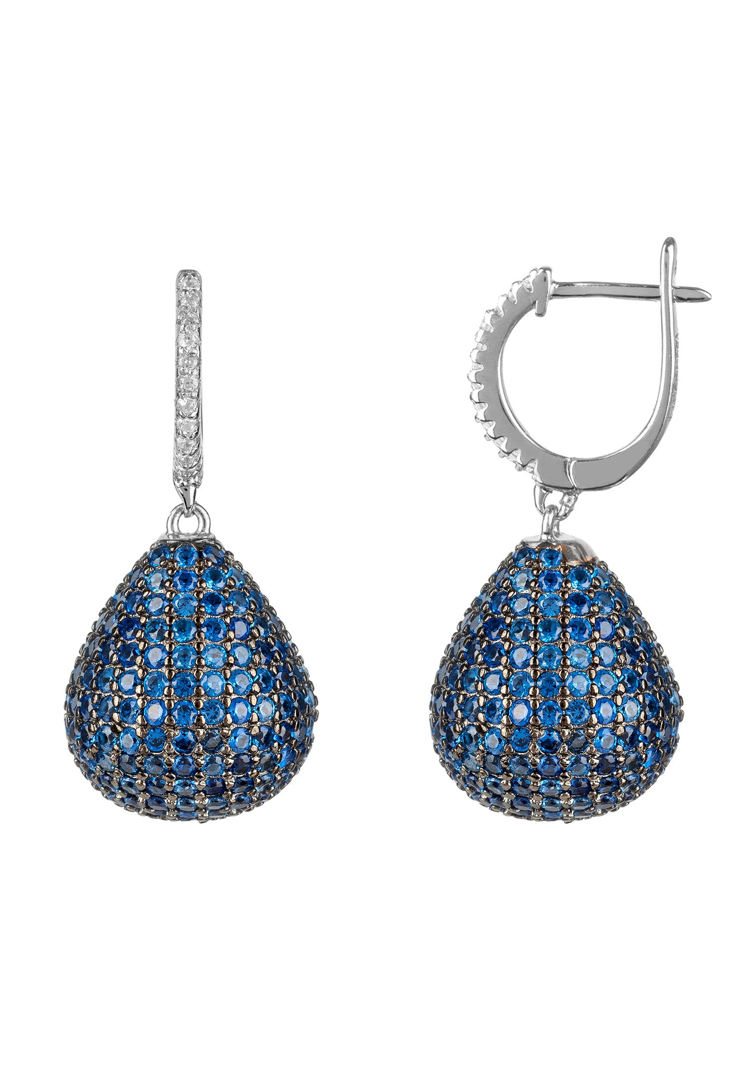 Valerie Pear Drop Gemstone Earrings featuring sapphire blue zirconia set in sterling silver, elegantly designed for statement wear.