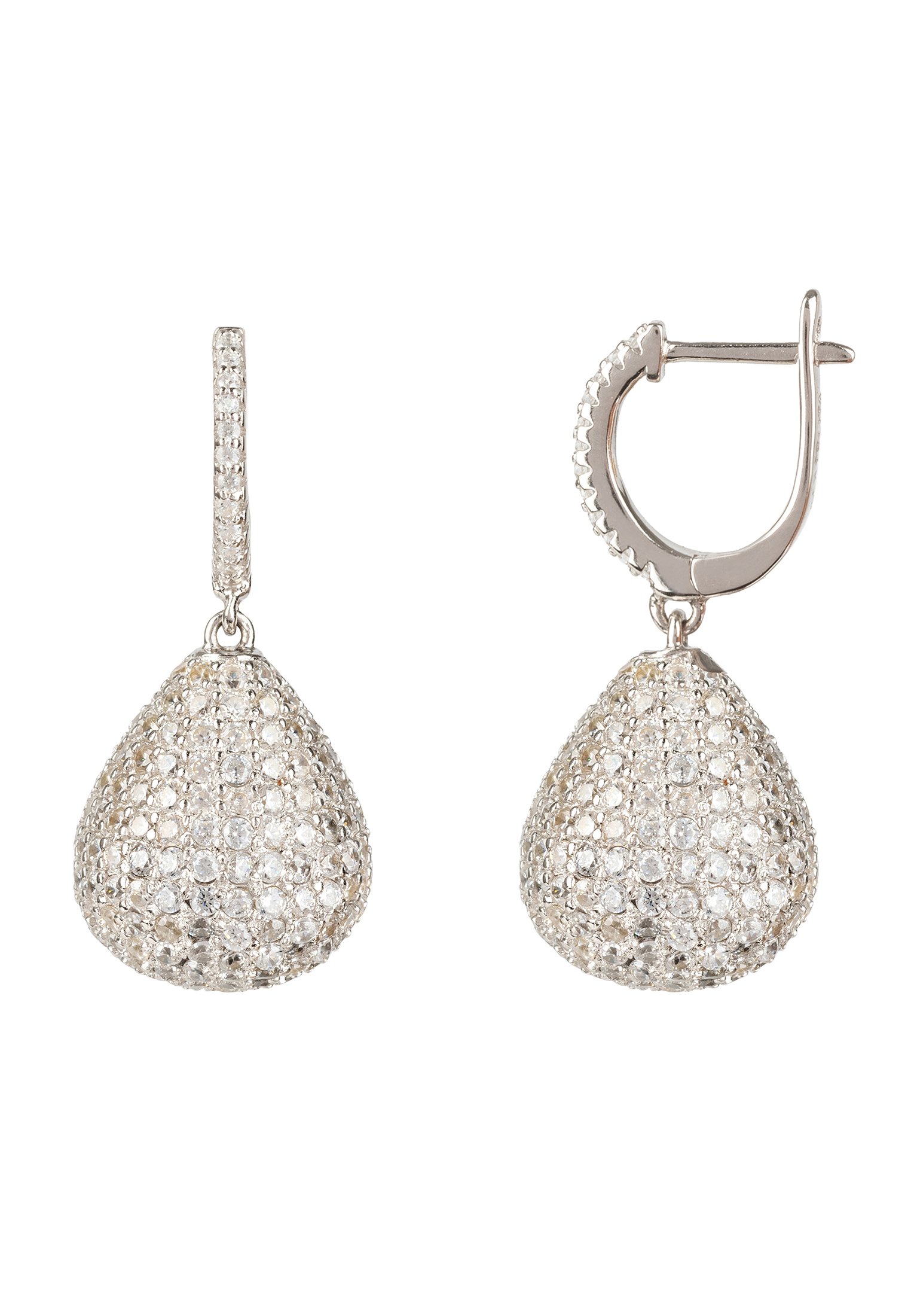 Valerie Pear Drop Gemstone Earrings in sterling silver with sparkling zirconia, showcasing a brilliant-cut pear drop design.