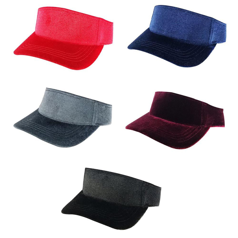 A pack of six stylish velvet sun visor hats in various colors, featuring a curved visor and velcro closure, perfect for sun protection.