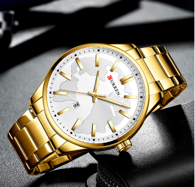 VERSATILITY CLASSIC METAL I 551072 watch featuring a unique map dial and golden polished metal strap, showcasing elegance and sophistication.