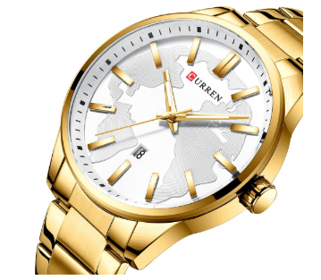 VERSATILITY CLASSIC METAL I 551072 watch featuring a unique map dial and golden polished metal strap, showcasing elegance and sophistication.