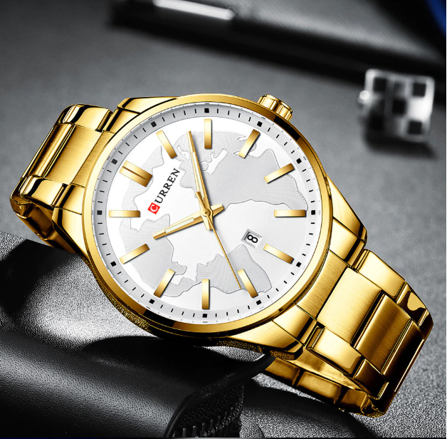 VERSATILITY CLASSIC METAL I 551072 watch featuring a unique map dial and golden polished metal strap, showcasing elegance and sophistication.