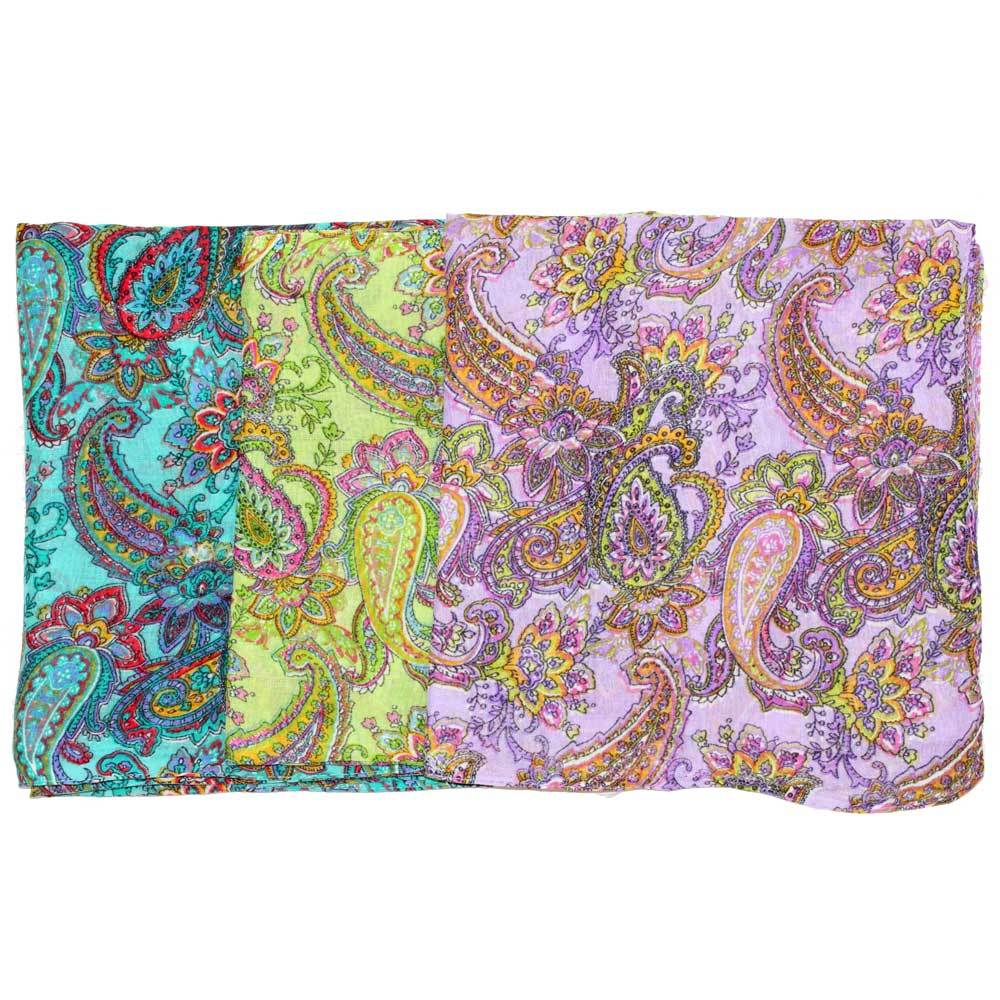 A vibrant paisley cotton scarf featuring intricate patterns in bright colors, perfect for spring and summer styling.