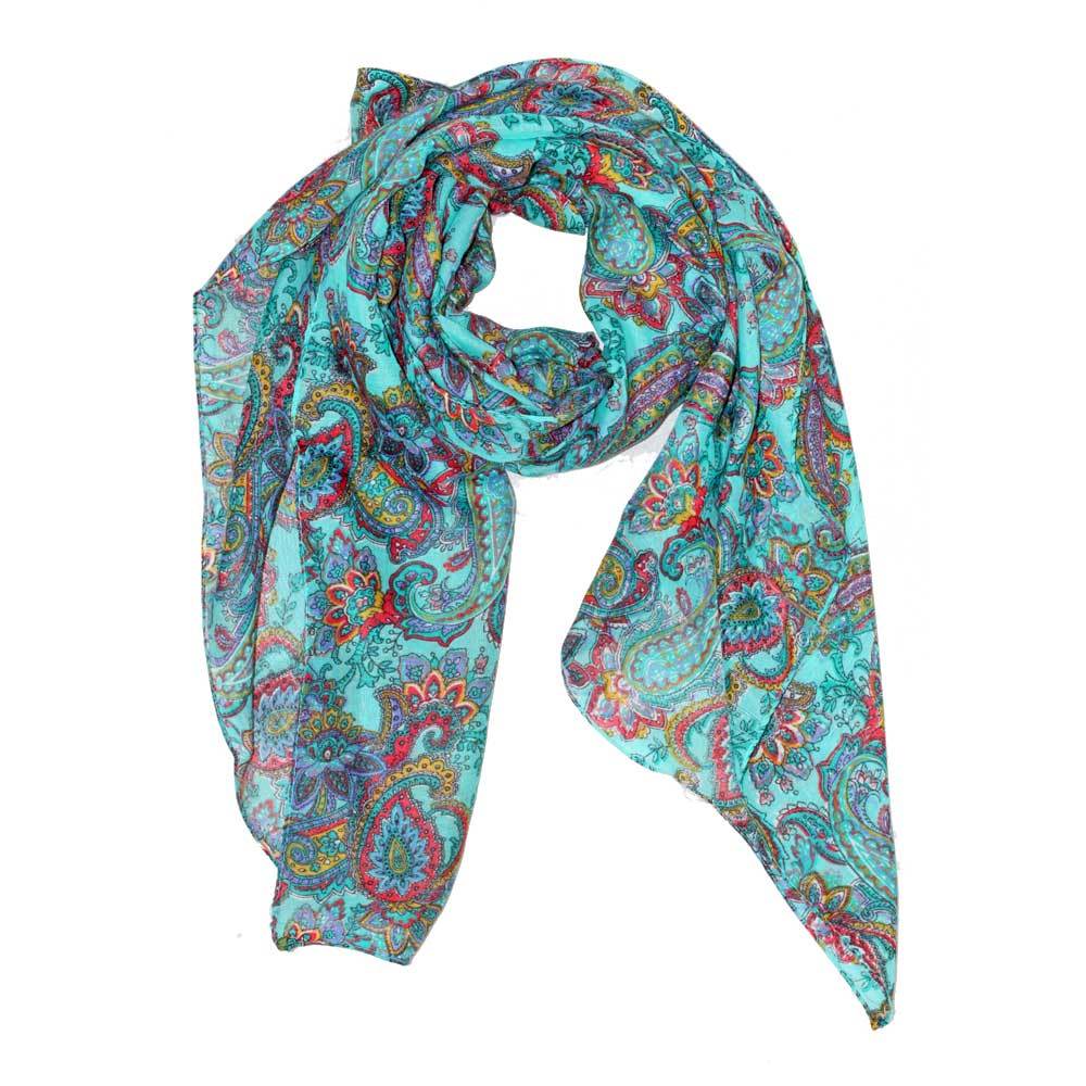 A vibrant paisley cotton scarf featuring intricate patterns in bright colors, perfect for spring and summer styling.