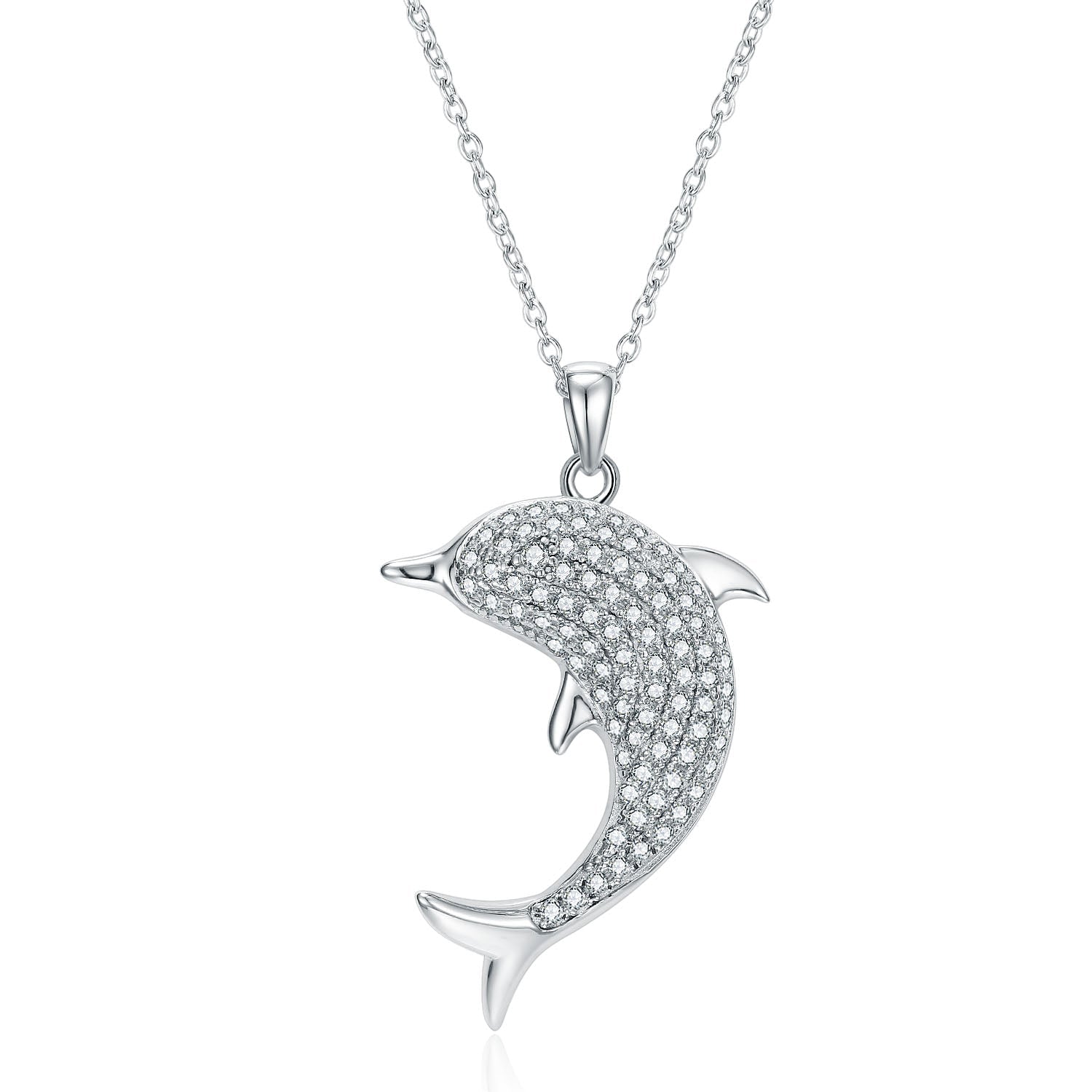 Vigorous Dolphin necklace made of 925 sterling silver with white sapphire, showcasing a dolphin design.