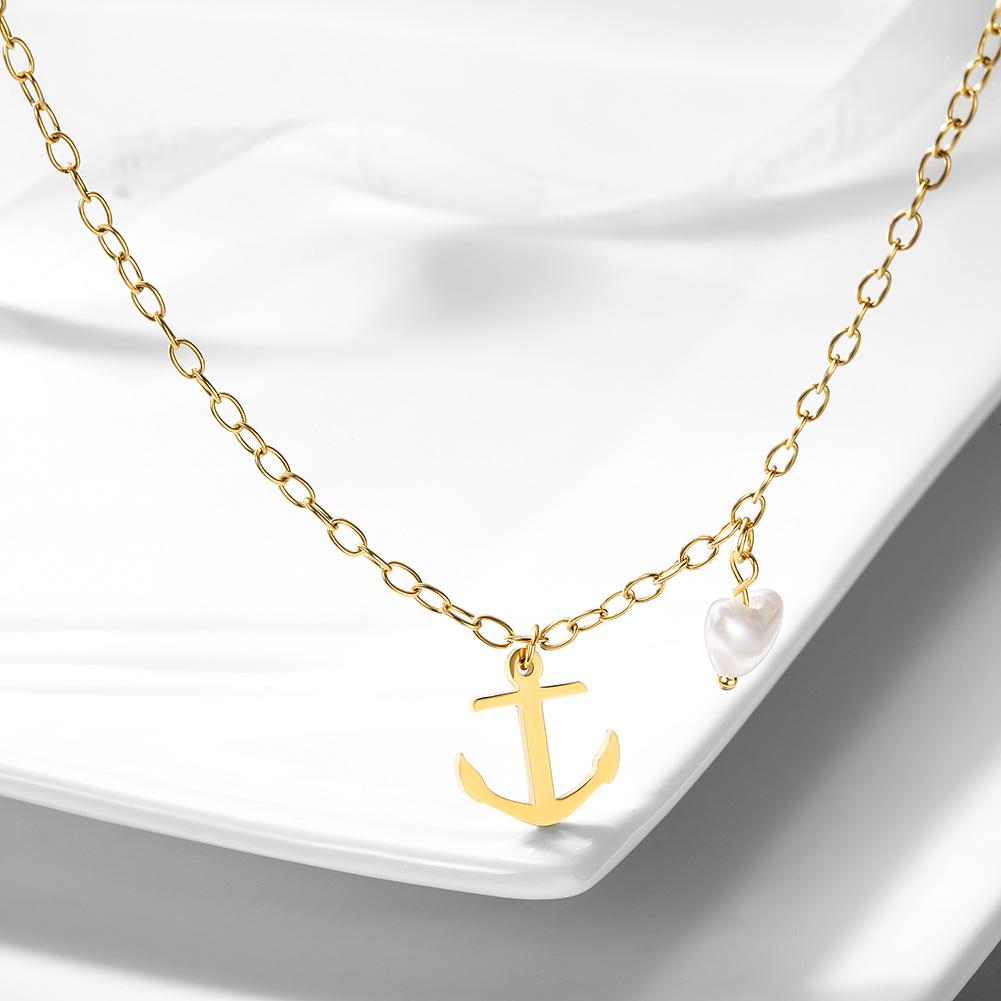 Vintage Anchor Heart-shaped Pearl Pendant Necklace made of surgical stainless steel with 14K gold PVD plating, featuring a beautiful heart-shaped pearl.