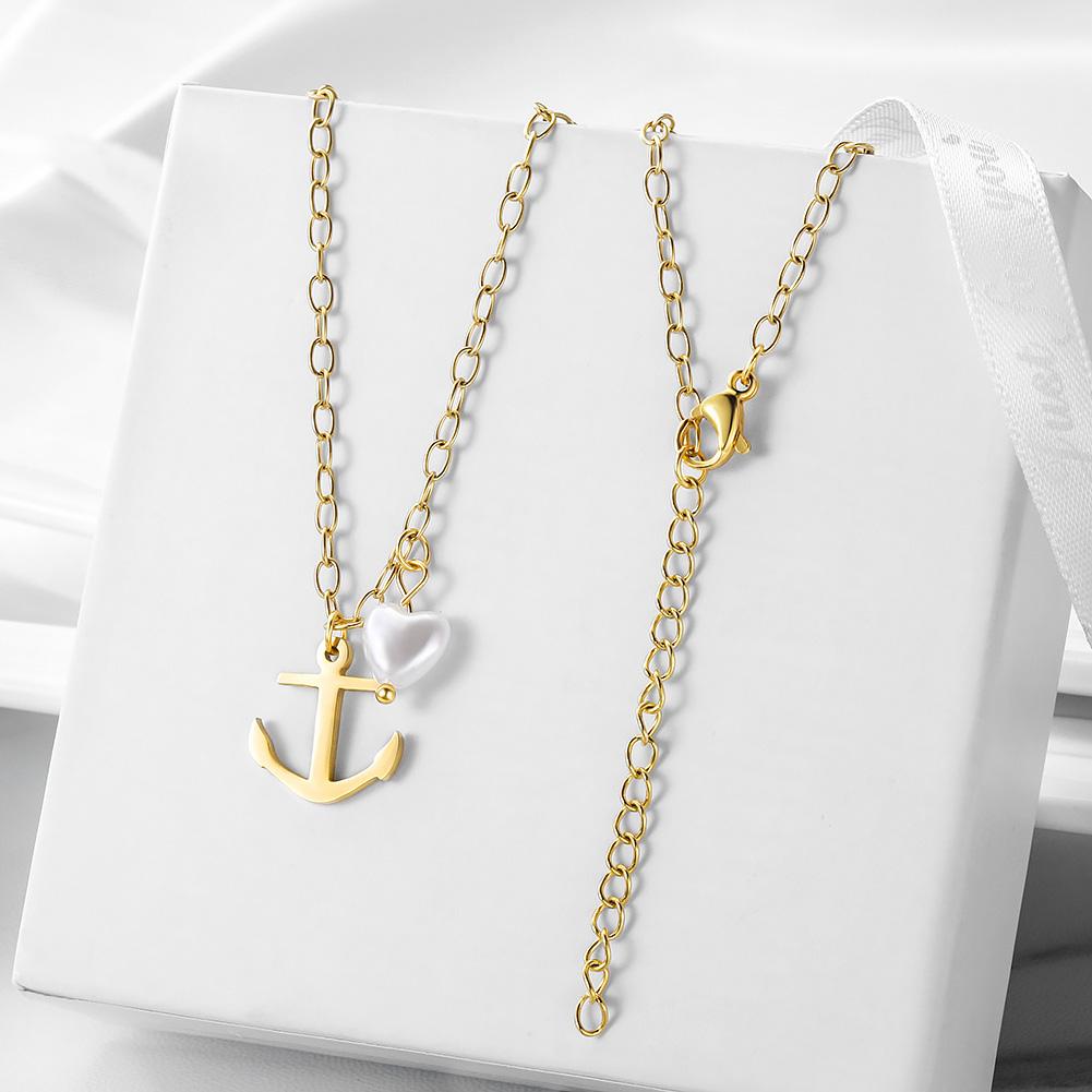 Vintage Anchor Heart-shaped Pearl Pendant Necklace made of surgical stainless steel with 14K gold PVD plating, featuring a beautiful heart-shaped pearl.