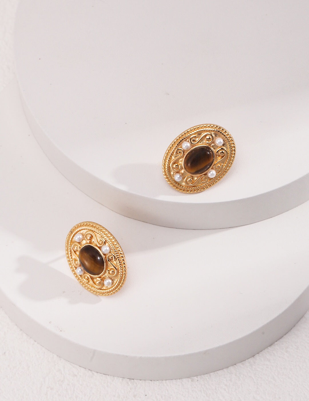 Vintage Courtly Style Tiger Eye Stud Earrings featuring natural pearl and sterling silver with gold vermeil plating, elegantly designed for timeless beauty.