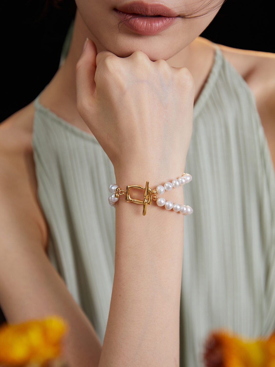 Vintage Style Double Layered T-bar Bracelet featuring natural Baroque pearls and gold vermeil, elegantly designed for a timeless look.