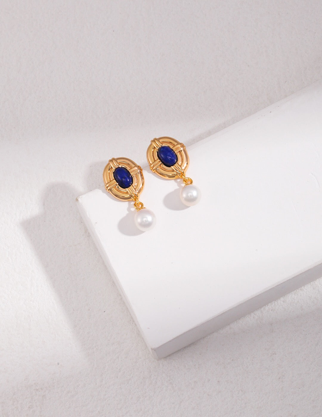 Vintage Style Lapis Lazuli Pearl Earrings featuring sterling silver and gold vermeil, showcasing deep blue Lapis Lazuli stones and lustrous pearls.