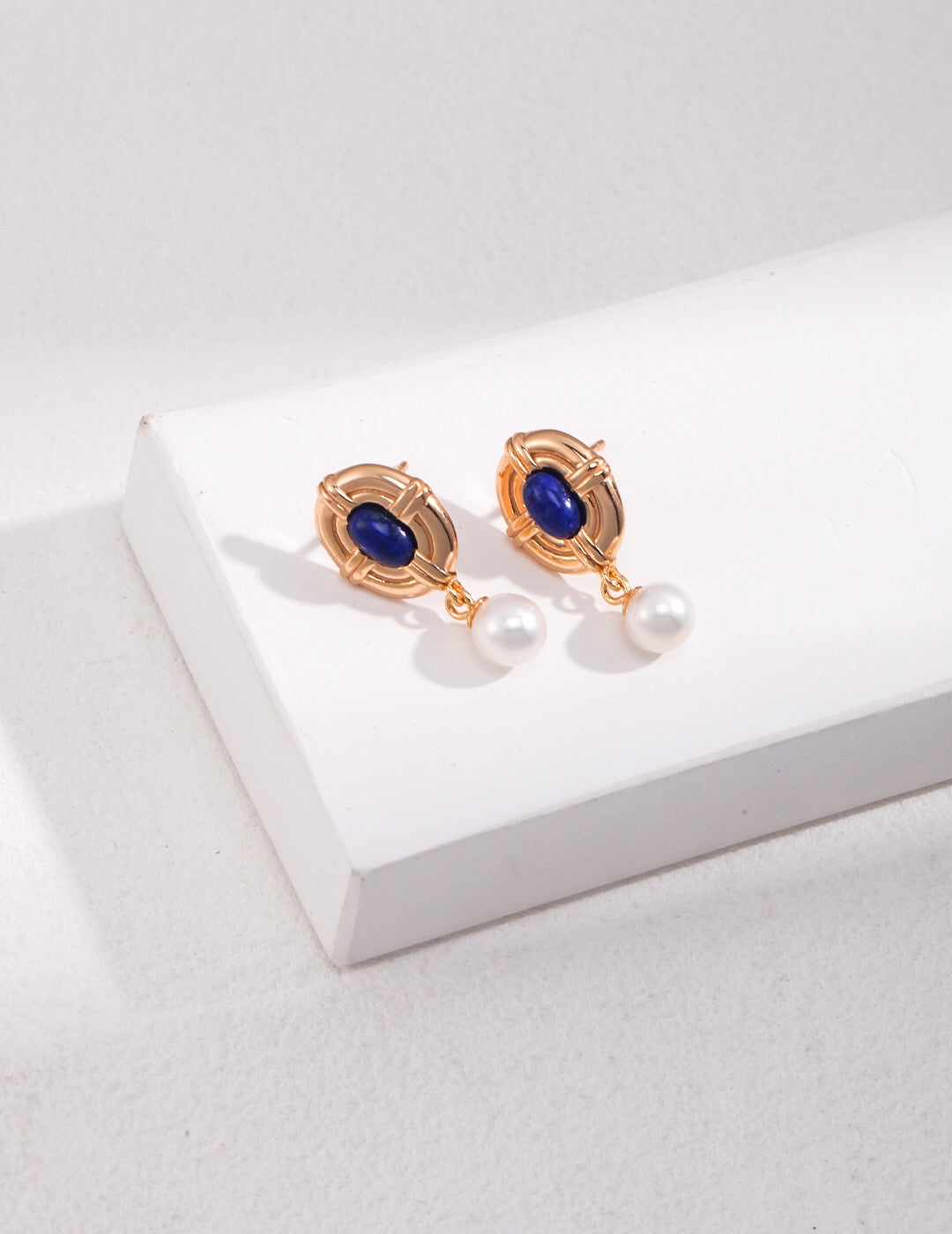 Vintage Style Lapis Lazuli Pearl Earrings featuring sterling silver and gold vermeil, showcasing deep blue Lapis Lazuli stones and lustrous pearls.