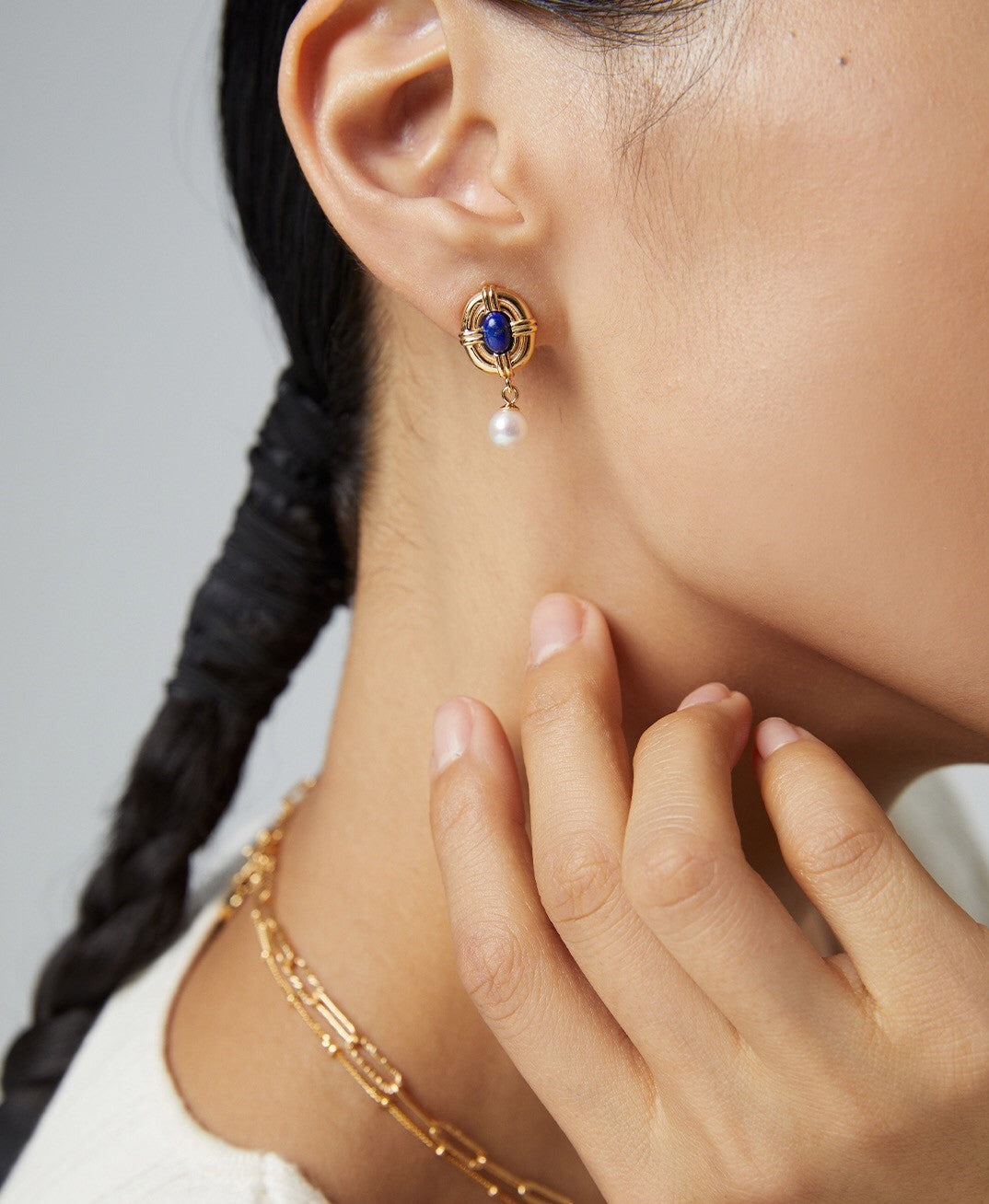 Vintage Style Lapis Lazuli Pearl Earrings featuring sterling silver and gold vermeil, showcasing deep blue Lapis Lazuli stones and lustrous pearls.