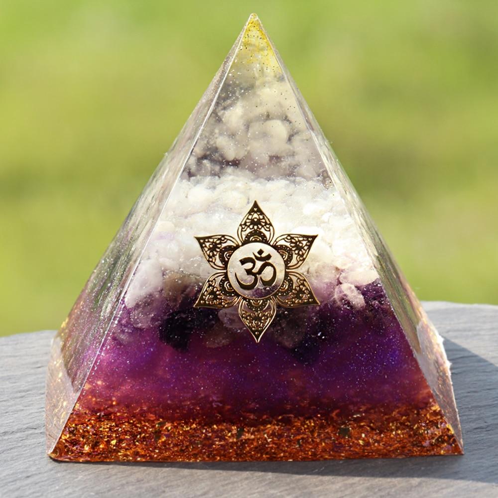 Violet Flame Orgonite Pyramid made of white quartz, amethyst, and gold foil, designed for energy healing and EMF protection.