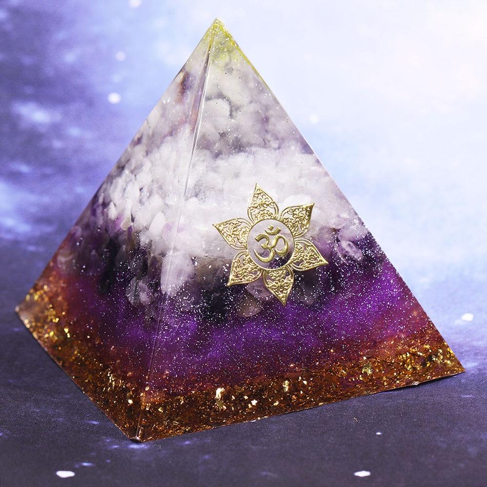 Violet Flame Orgonite Pyramid made of white quartz, amethyst, and gold foil, designed for energy healing and EMF protection.