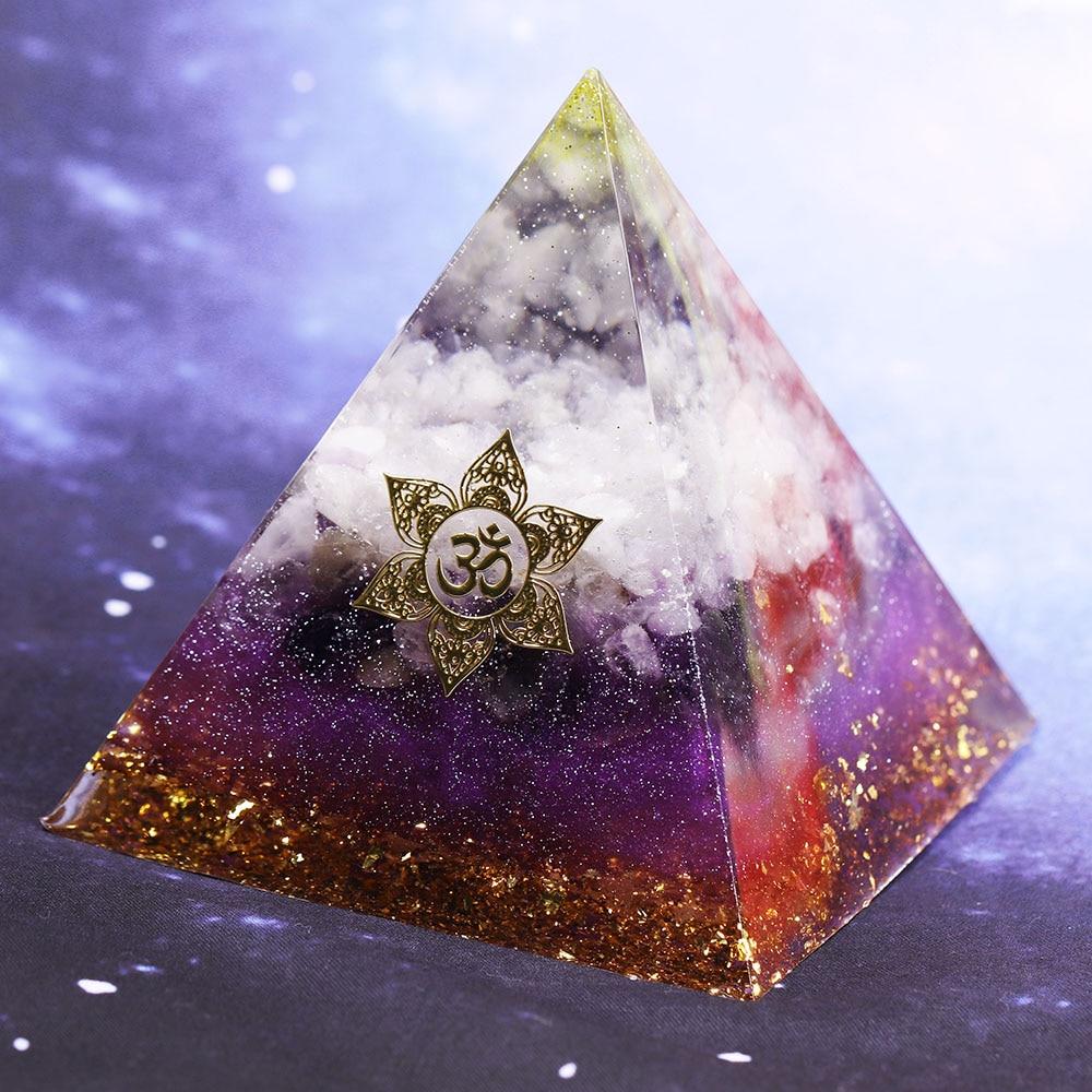 Violet Flame Orgonite Pyramid made of white quartz, amethyst, and gold foil, designed for energy healing and EMF protection.