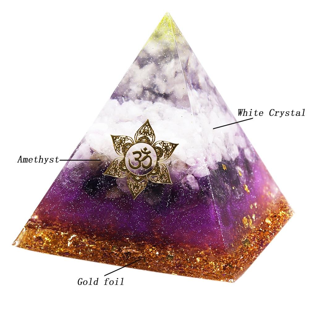 Violet Flame Orgonite Pyramid made of white quartz, amethyst, and gold foil, designed for energy healing and EMF protection.