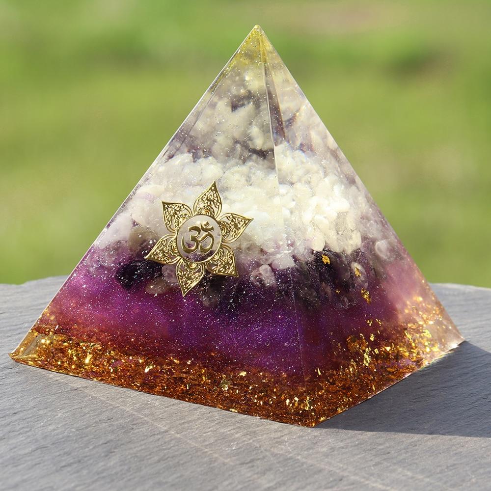 Violet Flame Orgonite Pyramid made of white quartz, amethyst, and gold foil, designed for energy healing and EMF protection.