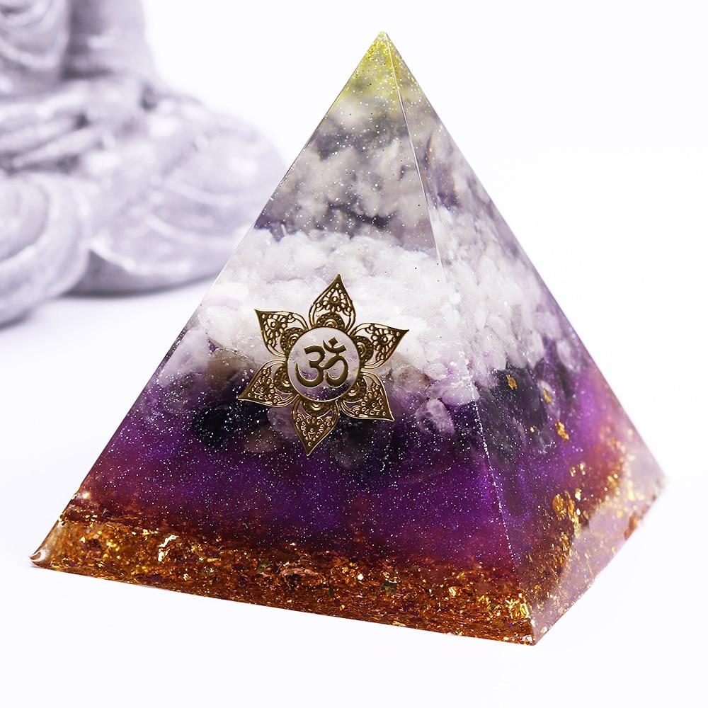 Violet Flame Orgonite Pyramid made of white quartz, amethyst, and gold foil, designed for energy healing and EMF protection.