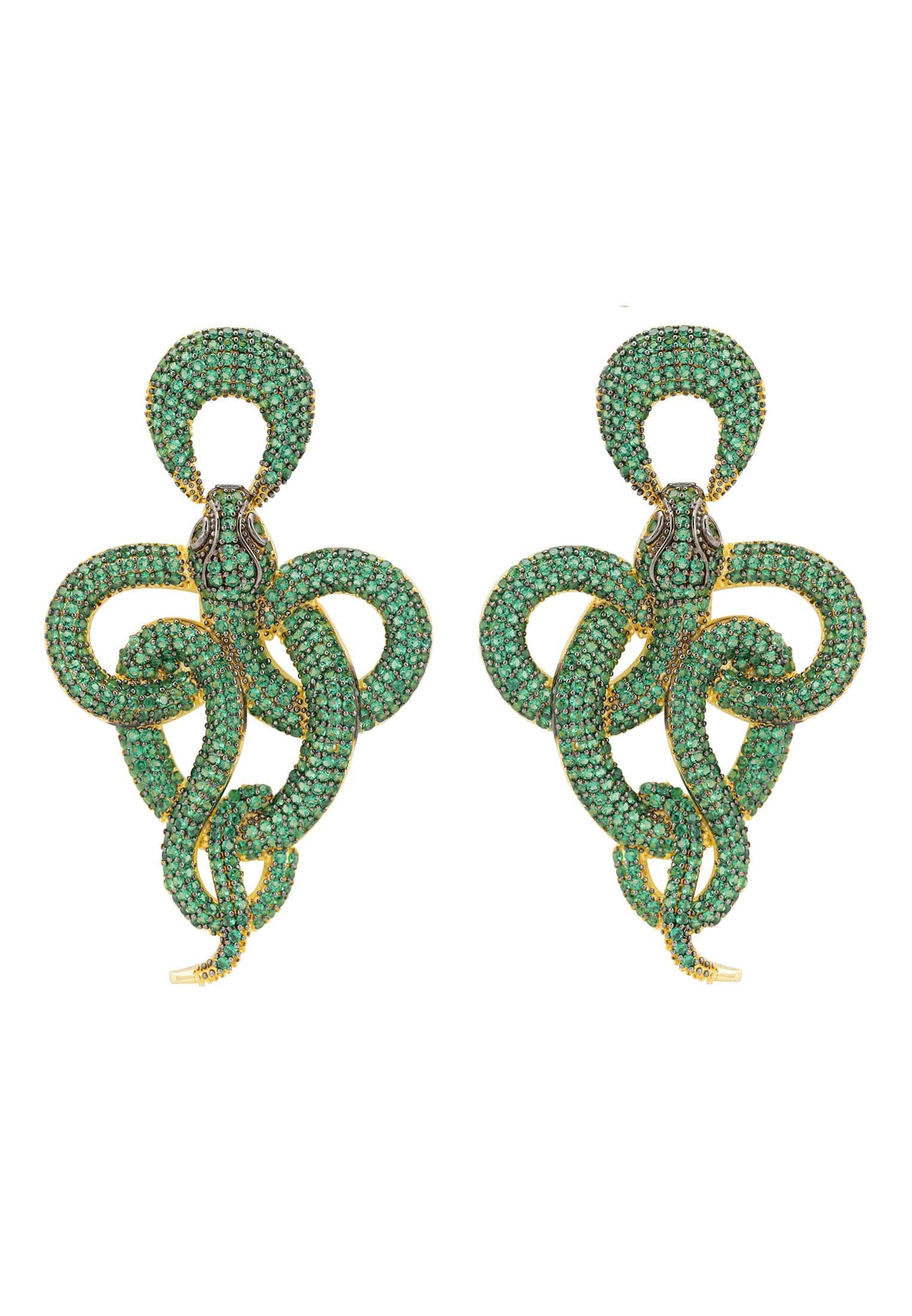 Elegant Viper Snake Drop Earrings in gold with emerald cubic zirconia, showcasing a unique curled snake design.