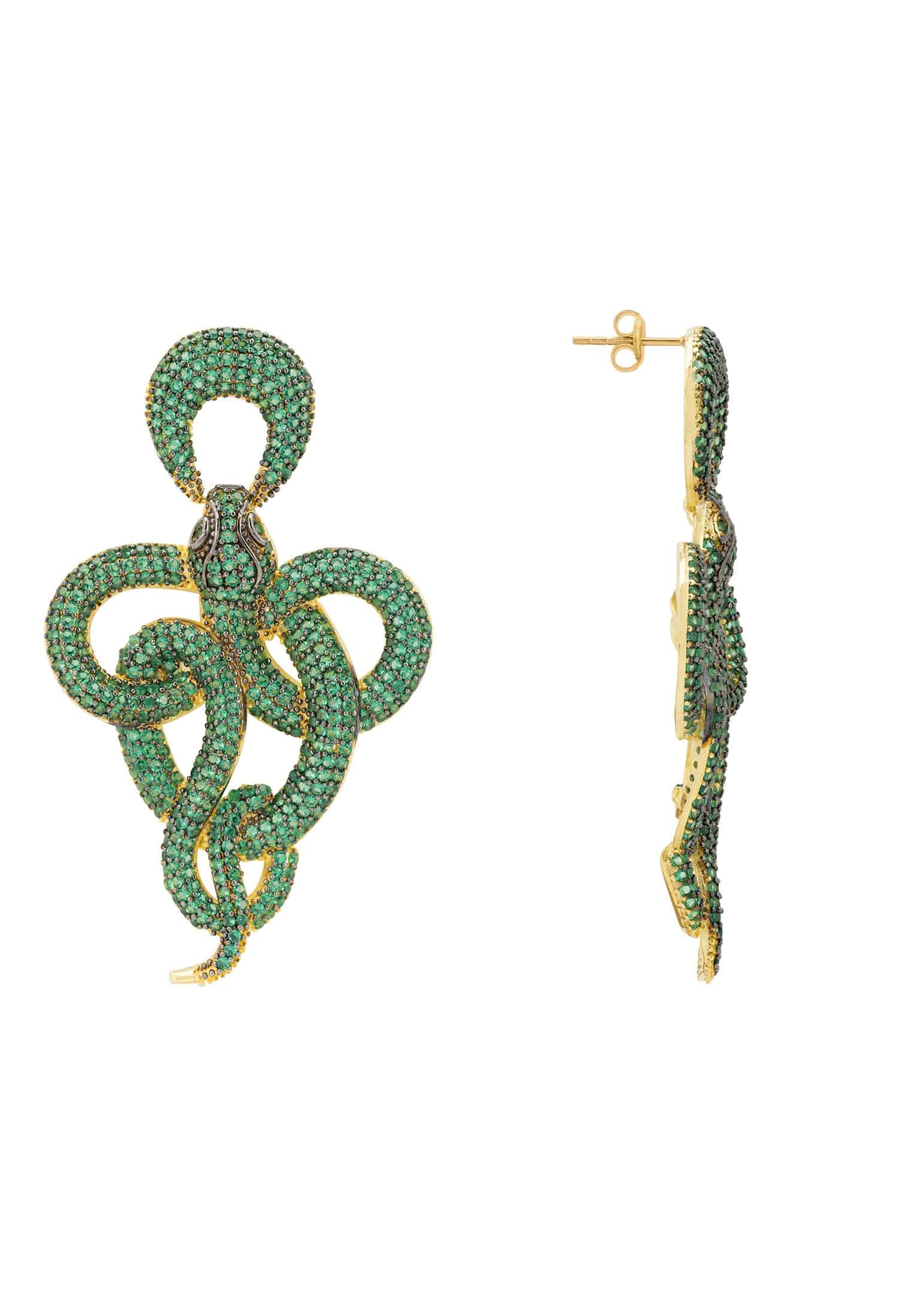 Elegant Viper Snake Drop Earrings in gold with emerald cubic zirconia, showcasing a unique curled snake design.