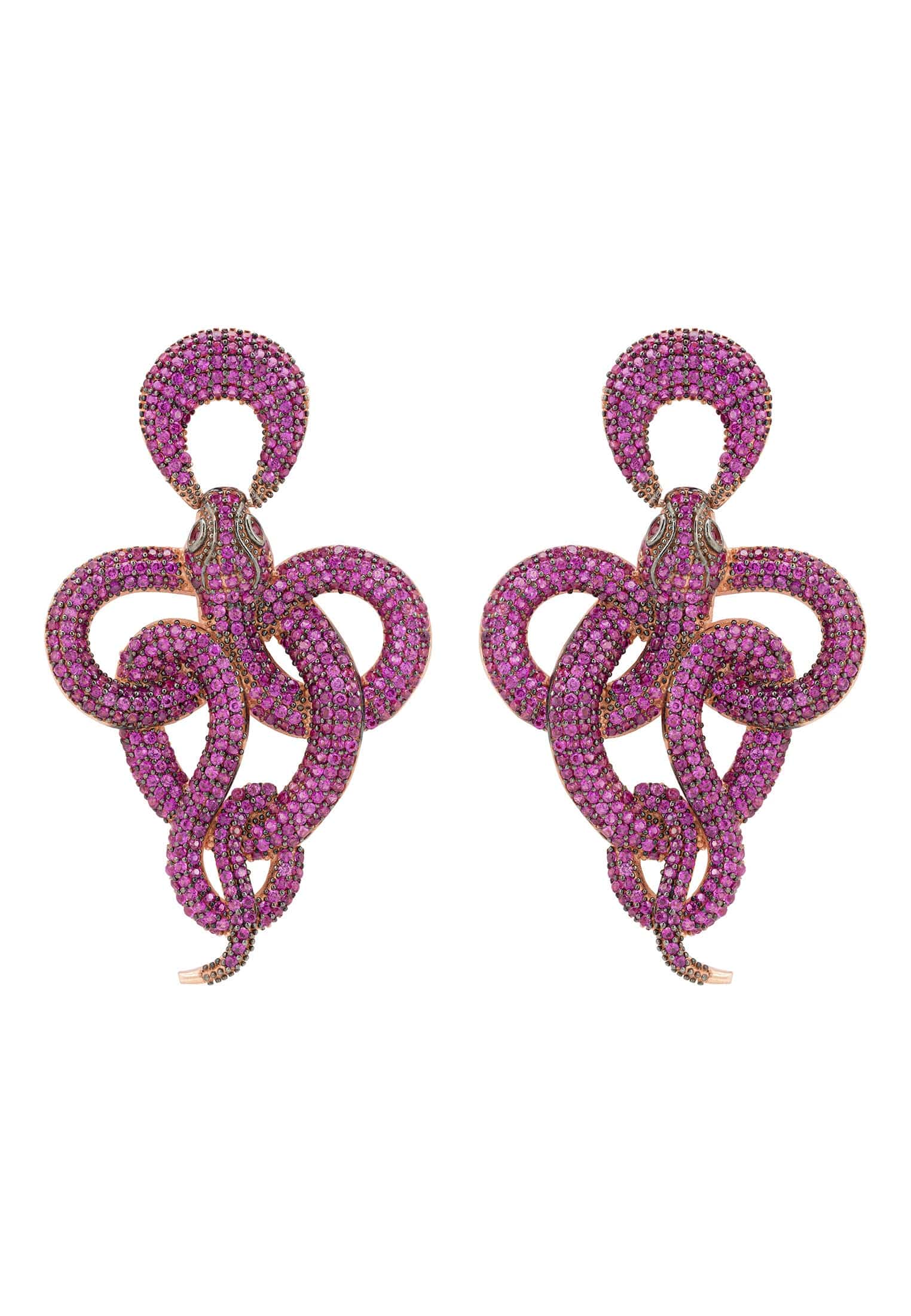 Viper Snake Drop Earrings in rosegold featuring ruby cubic zirconia, designed as a curled snake for a chic look.