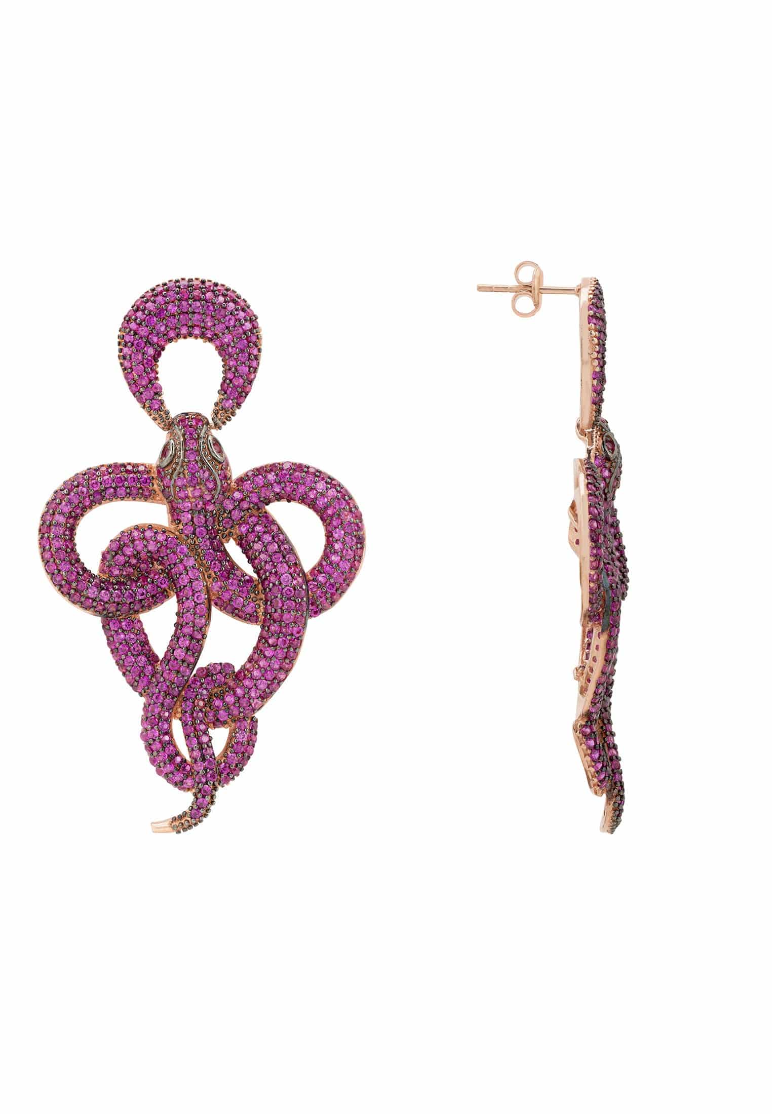 Viper Snake Drop Earrings in rosegold featuring ruby cubic zirconia, designed as a curled snake for a chic look.