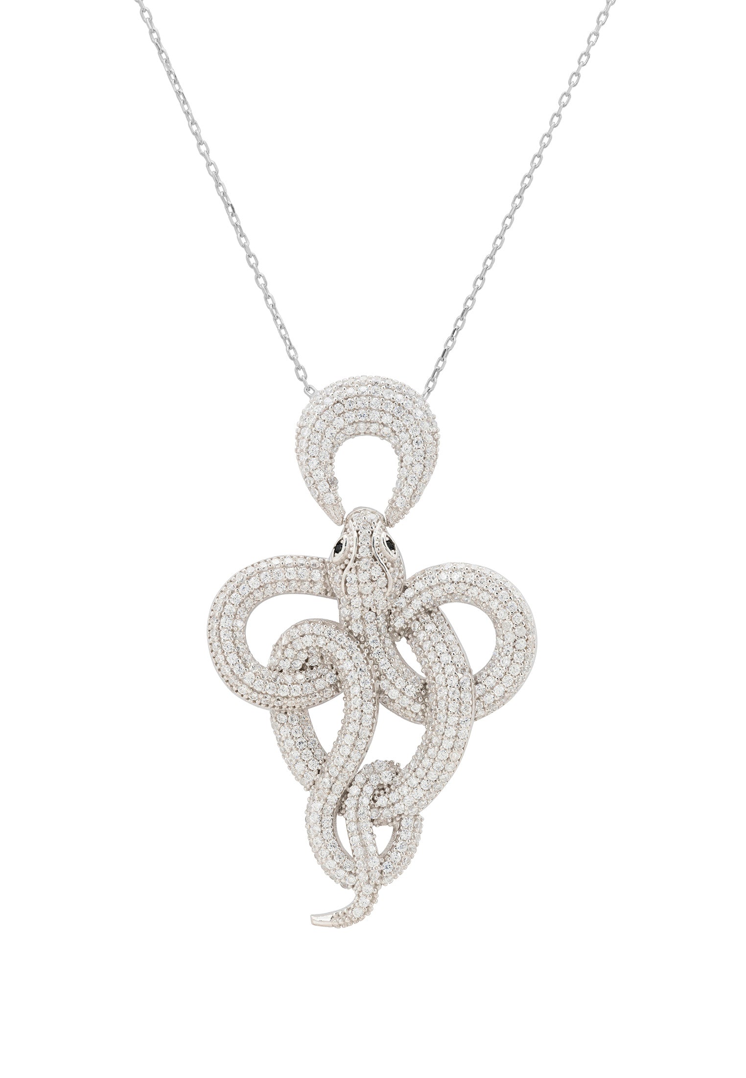 Viper Snake Pendant Necklace in silver white with sparkling zircons, showcasing an elegant snake design.