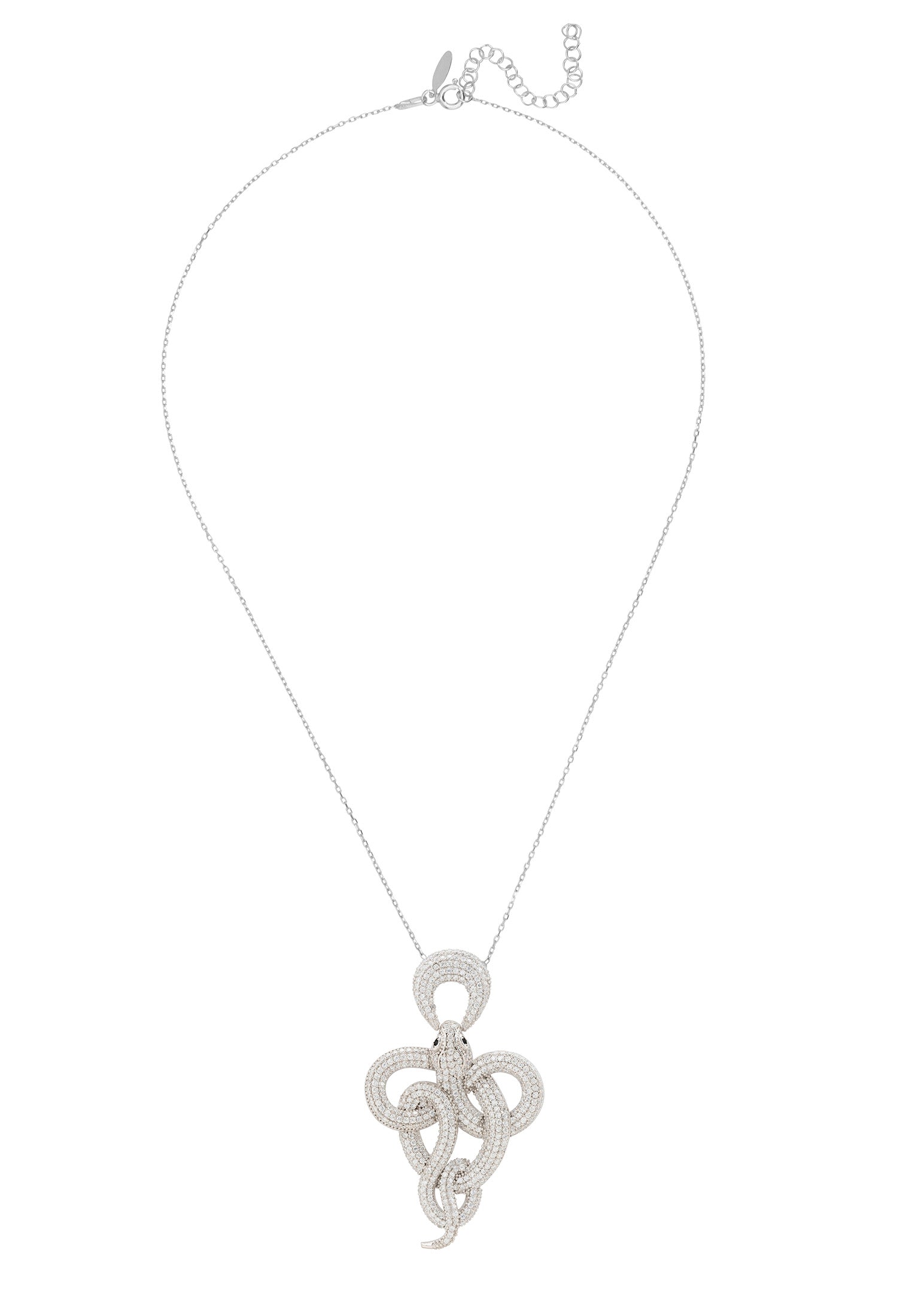 Viper Snake Pendant Necklace in silver white with sparkling zircons, showcasing an elegant snake design.