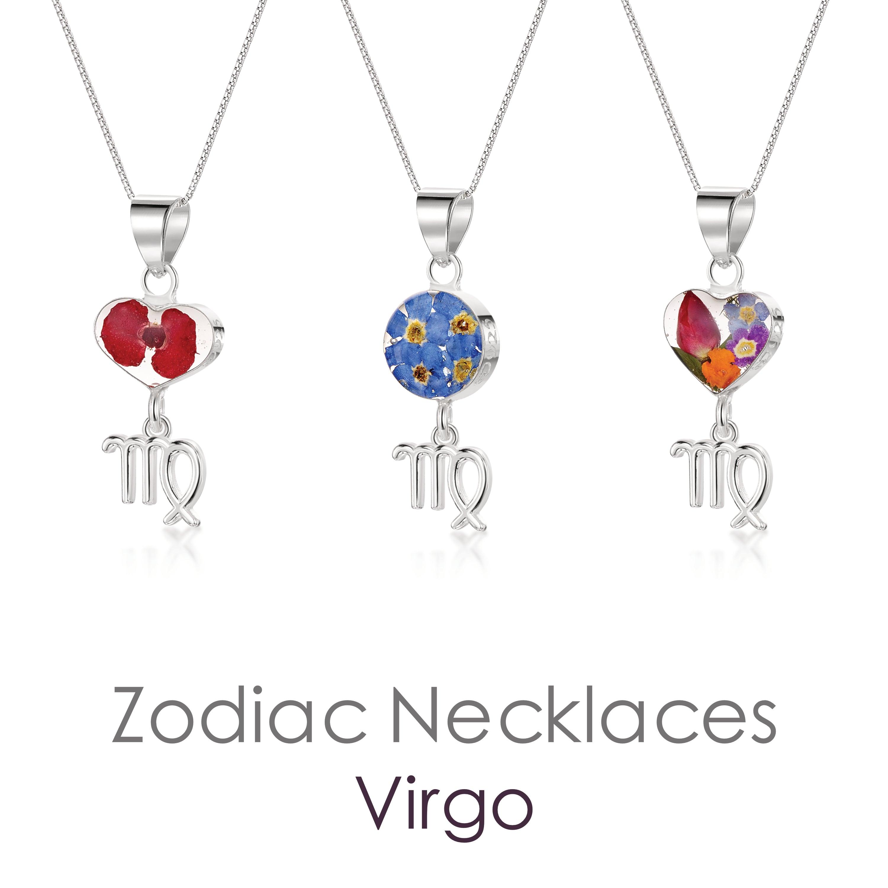 Virgo Necklace featuring a sterling silver pendant with real preserved flowers and a zodiac charm, elegantly displayed on a soft background.