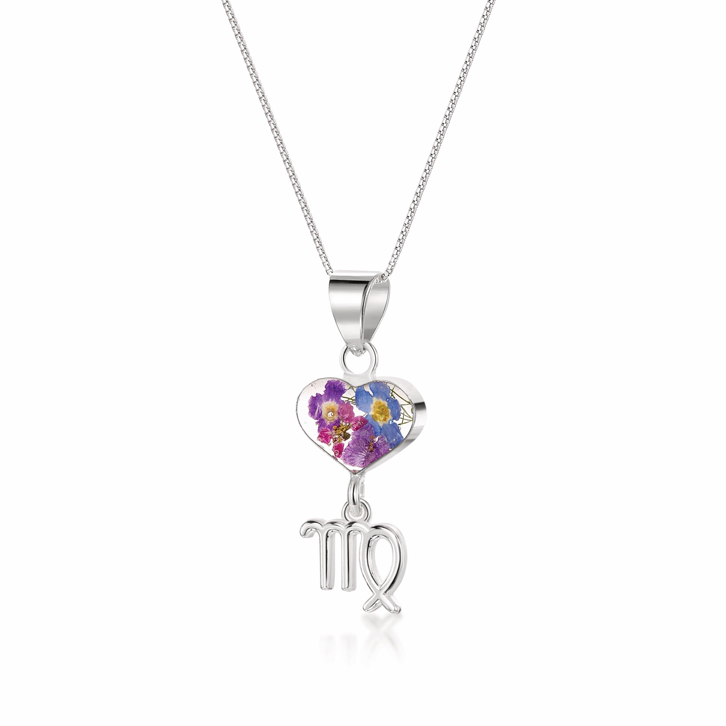 Virgo Necklace featuring a sterling silver pendant with real preserved flowers and a zodiac charm, elegantly displayed on a soft background.