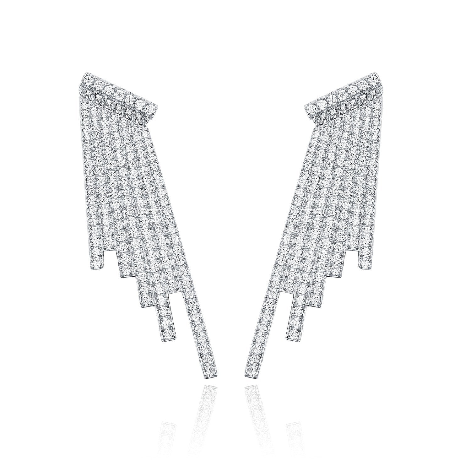 Vivid Feather Stud Earrings made of 925 sterling silver with white gold finish and white sapphire accents, showcasing intricate feather design.