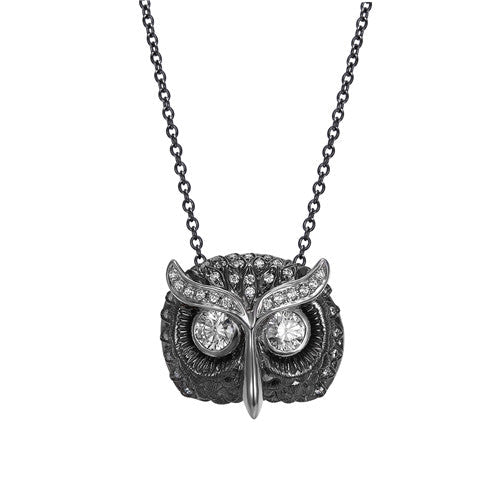 Vividly Owl Necklace made of 925 sterling silver with white gold finish and white sapphire stone, showcasing intricate owl design.