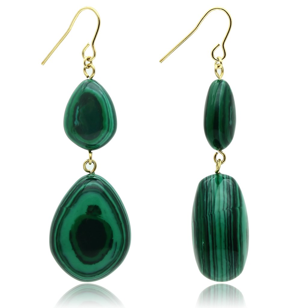 VL019 Gold Brass Earrings featuring synthetic malachite stones in vibrant emerald green, elegantly designed for any occasion.