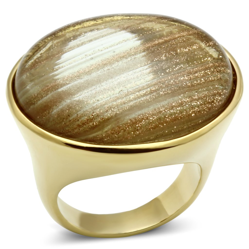 VL002 IP Gold Brass Ring featuring synthetic rutile stone in topaz color, elegantly designed for style and durability.