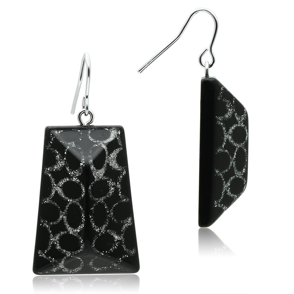 VL020 IP rhodium brass earrings featuring a jet synthetic stone centerpiece, showcasing elegance and modern design.