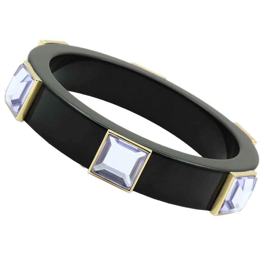 VL031 IP Gold Brass Bangle featuring a light amethyst synthetic acrylic stone, showcasing its elegant design and luxurious finish.