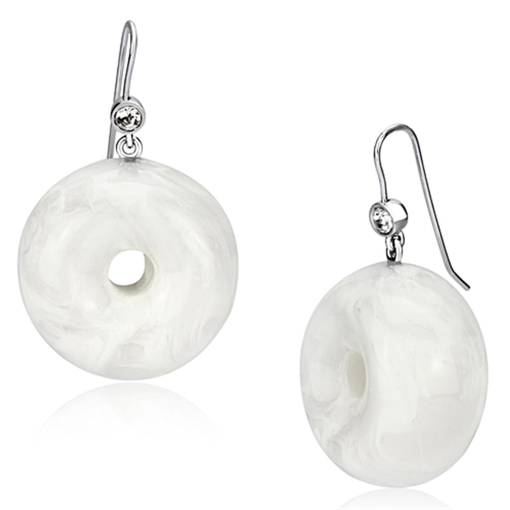 VL068 IP rhodium brass earrings featuring a white synthetic stone, elegantly designed for comfort and style.