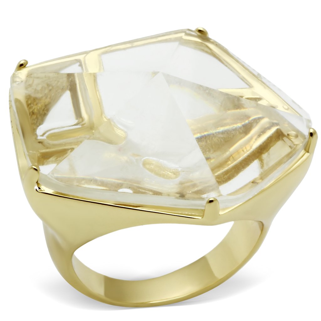 VL007 Gold Brass Ring featuring a clear synthetic stone, showcasing its elegant design and luxurious finish.