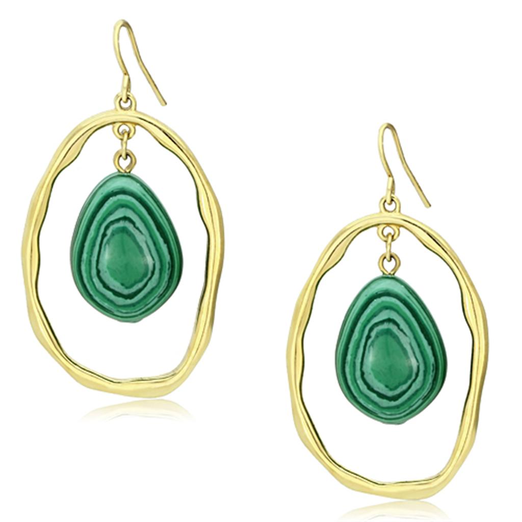 VL072 IP Gold Brass Earrings featuring synthetic Malachite stone in turquoise color, elegantly designed for stylish wear.