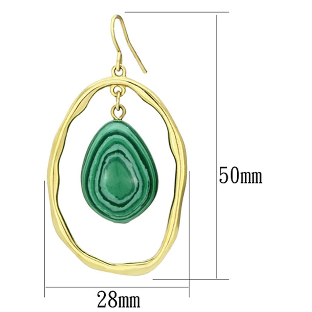 VL072 IP Gold Brass Earrings featuring synthetic Malachite stone in turquoise color, elegantly designed for stylish wear.