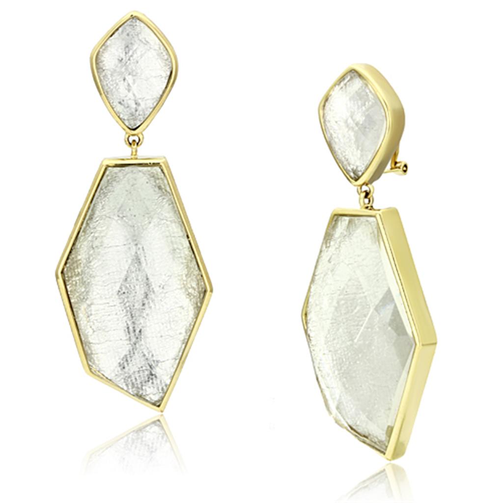 VL075 IP Gold Brass Earrings featuring white synthetic stones, elegantly designed for a chic look.