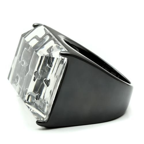 VL008 TIN Cobalt Black Brass Ring featuring a clear synthetic stone, showcasing its elegant design and modern finish.